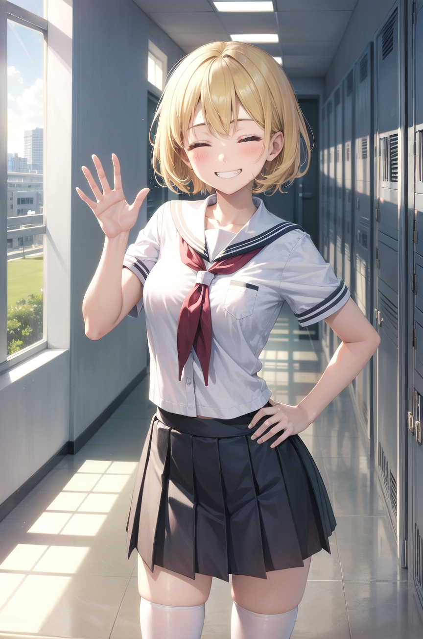 00004-4076263762-1girl, schoolgirl, school uniform, waving at viewer, hallway, lockers, pov, closed eyes, happy, blonde hair, grin, hand on hip,.png